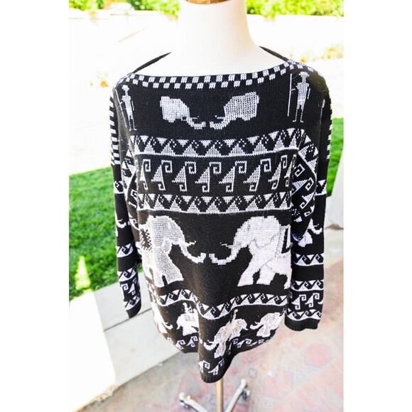 Women's Vintage Knit Pullover Sweater Black and Silver Elephant Design - Picture 2 of 6
